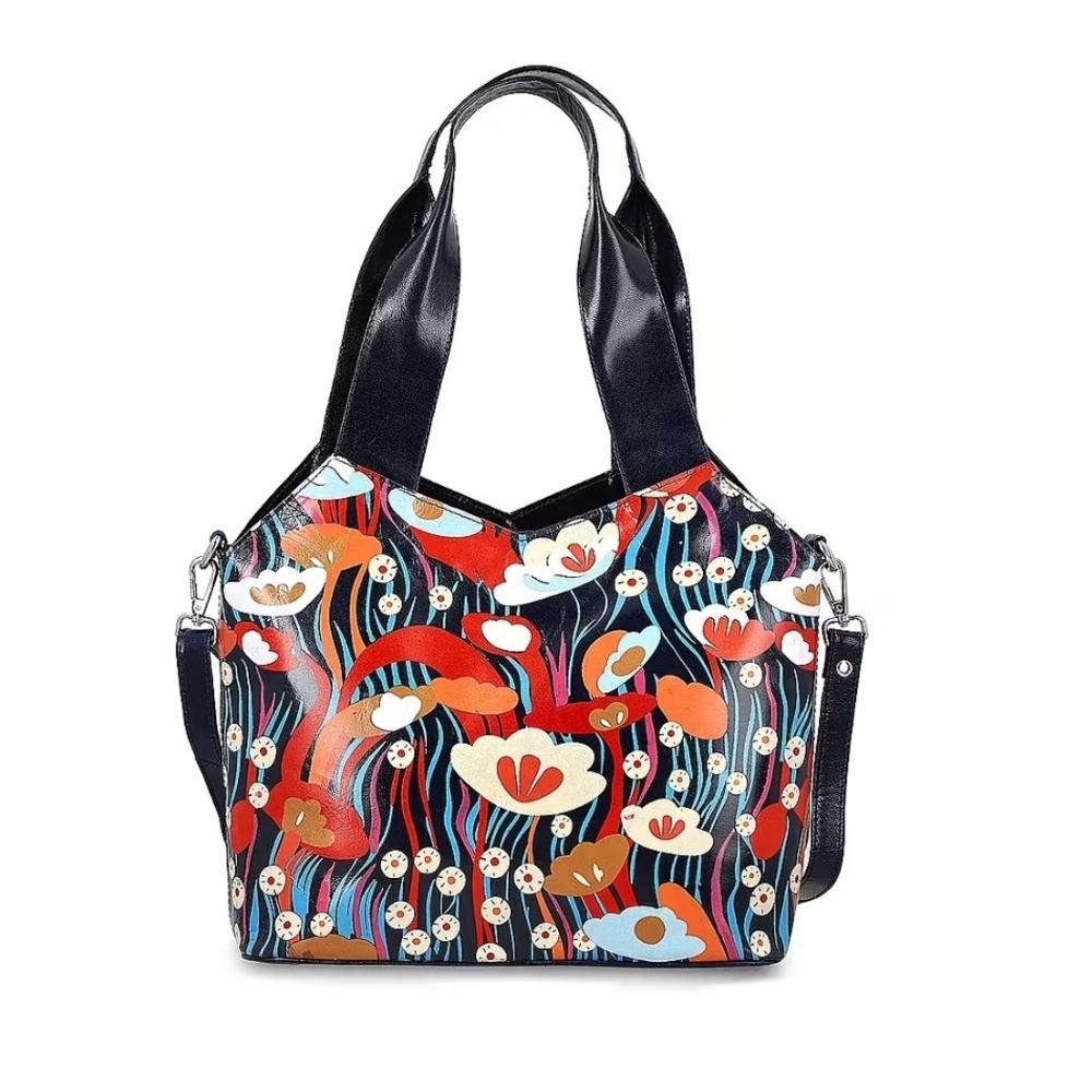 Hand Painted Navy Colorful Poppy  100% Genuine Leather Tote Bag